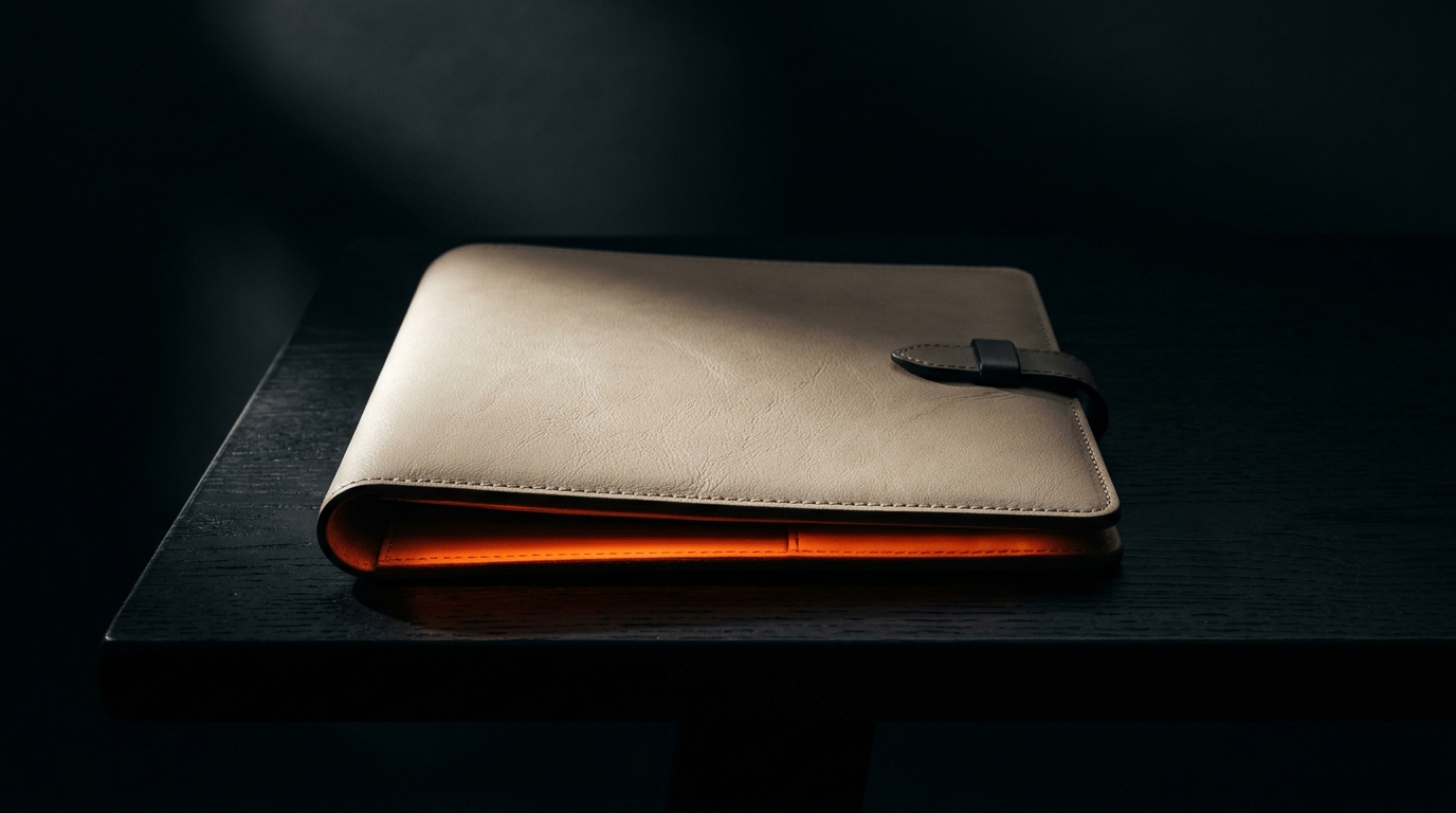 A closed folio on a dark table, ember light at the edge.