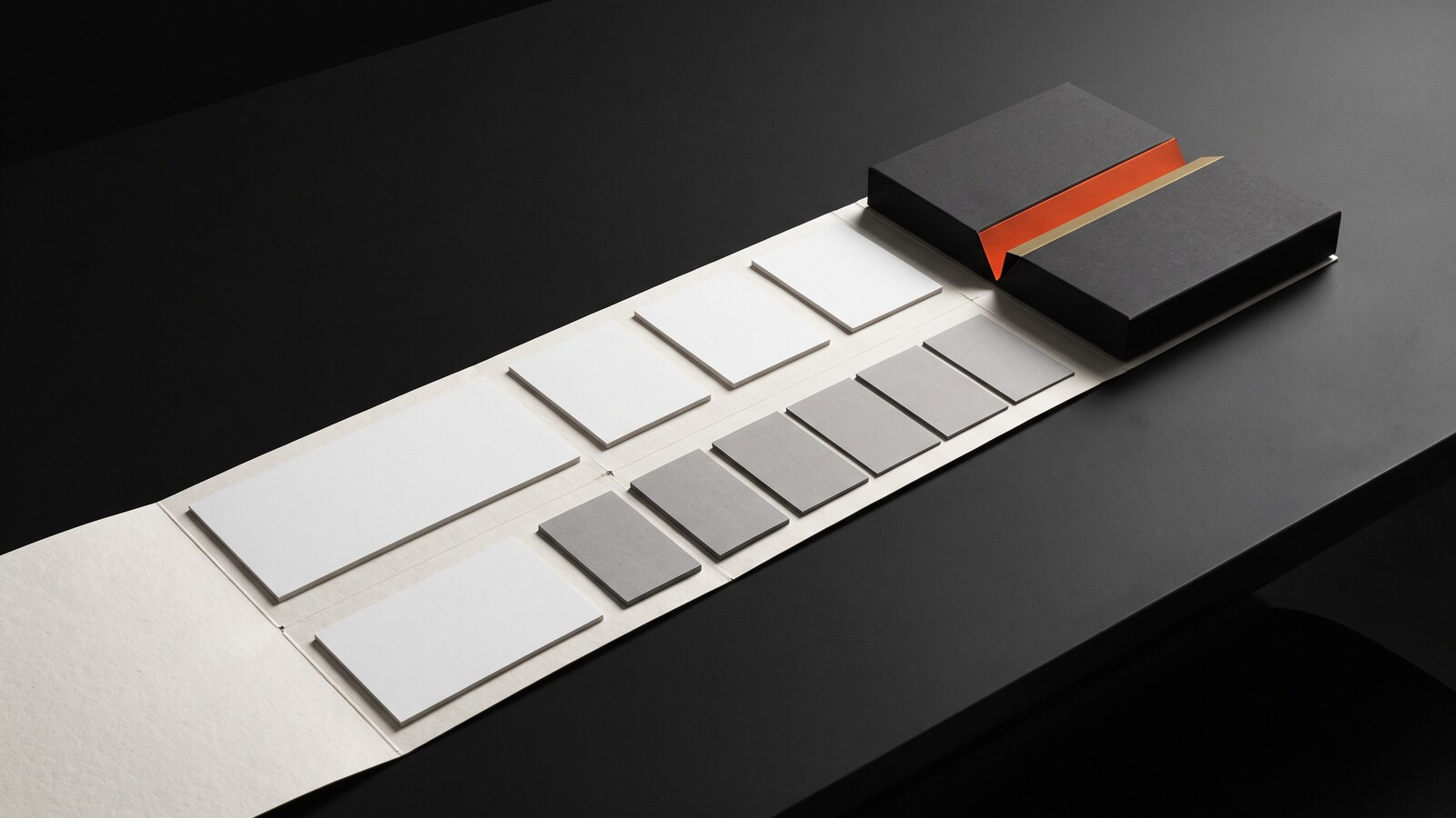 Two ordered trails of paper memory cards converge into one dark folio with an ember crease.